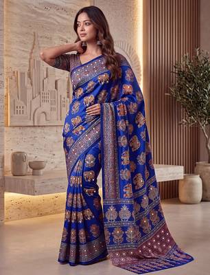 Ajrak digital print mirror work saree with unstitched blouse 3