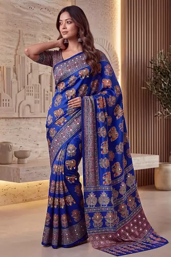 Ajrak digital print mirror work saree with unstitched blouse