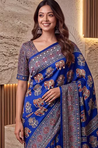 Ajrak digital print mirror work saree with unstitched blouse