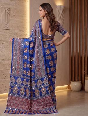 Ajrak digital print mirror work saree with unstitched blouse 5