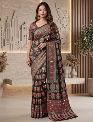 Ajrak digital print mirror work saree with unstitched blouse 1