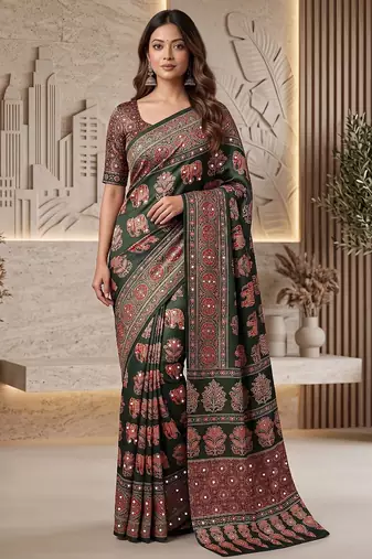 Ajrak digital print mirror work saree with unstitched blouse