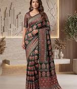 Ajrak digital print mirror work saree with unstitched blouse