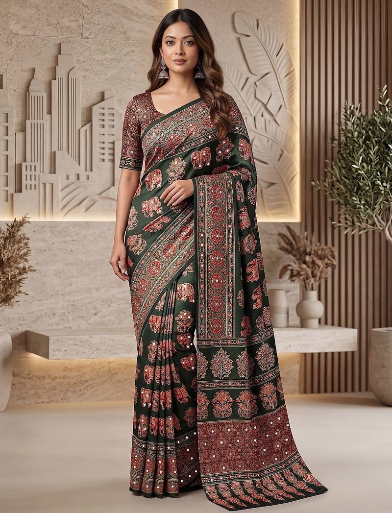 Ajrak digital print mirror work saree with unstitched blouse