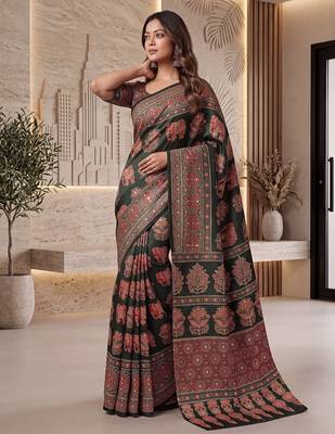 Ajrak digital print mirror work saree with unstitched blouse 2