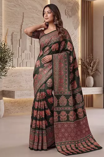 Ajrak digital print mirror work saree with unstitched blouse