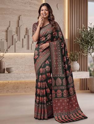 Ajrak digital print mirror work saree with unstitched blouse 3