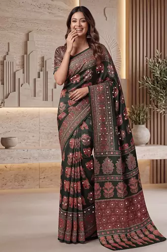 Ajrak digital print mirror work saree with unstitched blouse