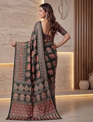 Ajrak digital print mirror work saree with unstitched blouse 5