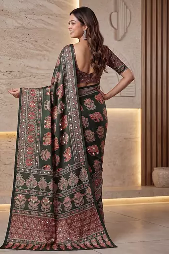 Ajrak digital print mirror work saree with unstitched blouse