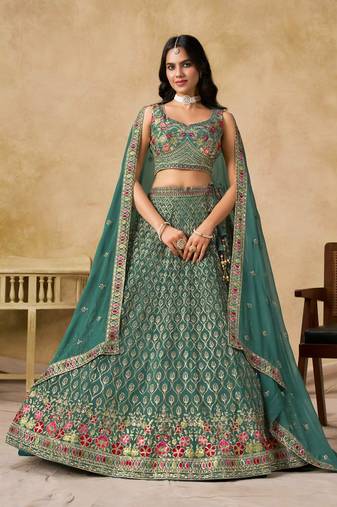 Bottle Teal Georgette Thread Embroidery Work Lehenga Choli