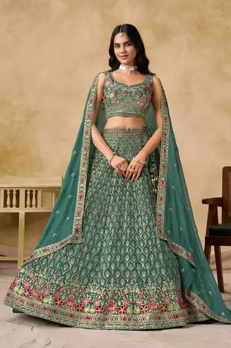 Bottle Teal Georgette Thread Embroidery Work Lehenga Choli