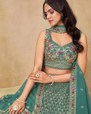 Bottle Teal Georgette Thread Embroidery Work Lehenga Choli 2