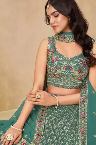 Bottle Teal Georgette Thread Embroidery Work Lehenga Choli