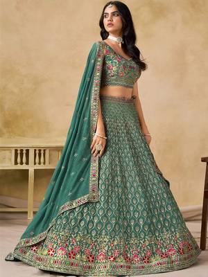 Bottle Teal Georgette Thread Embroidery Work Lehenga Choli 3