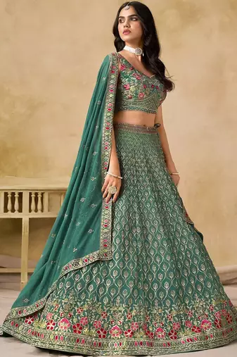 Bottle Teal Georgette Thread Embroidery Work Lehenga Choli