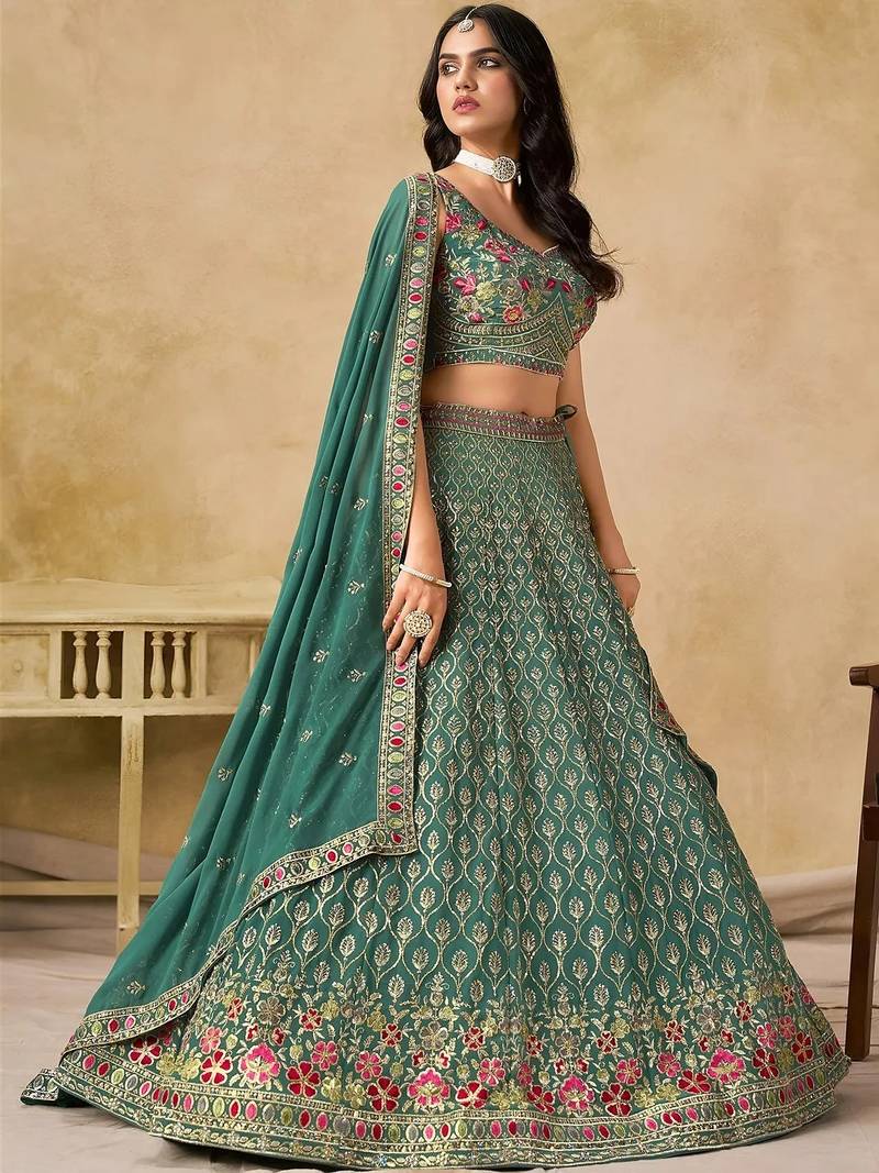 Bottle Teal Georgette Thread Embroidery Work Lehenga Choli