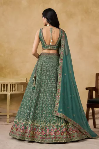 Bottle Teal Georgette Thread Embroidery Work Lehenga Choli