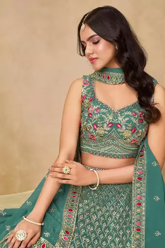 Bottle Teal Georgette Thread Embroidery Work Lehenga Choli