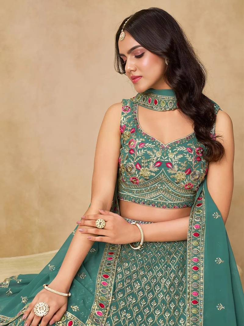 Bottle Teal Georgette Thread Embroidery Work Lehenga Choli