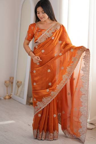 Orange fendy crush zari embroidered saree with unstitched blouse