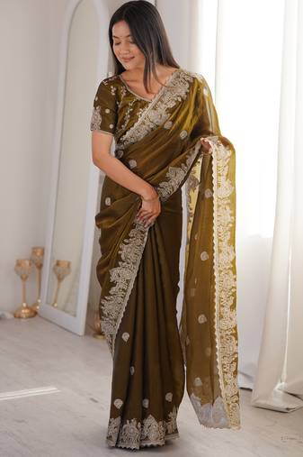 Olive fendy crush zari embroidered saree with unstitched blouse