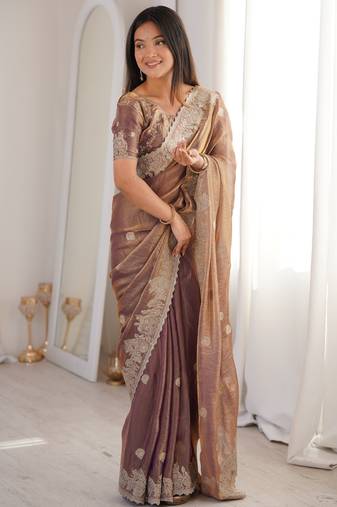 Brown fendy crush zari embroidered saree with unstitched blouse