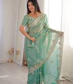 Sea green fendy crush zari embroidered saree with unstitched blouse