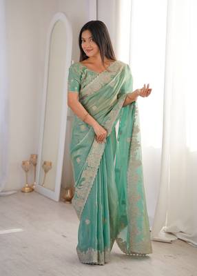 Sea green fendy crush zari embroidered saree with unstitched blouse 3