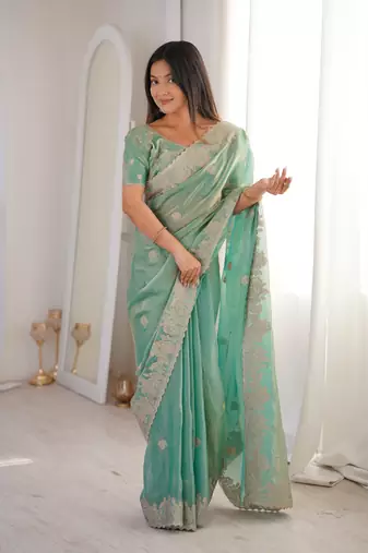 Sea green fendy crush zari embroidered saree with unstitched blouse