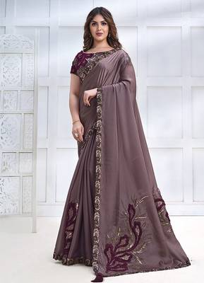 Dusty mauve faux crepe satin silk saree with embroidered blouse 1