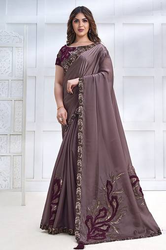 Dusty mauve faux crepe satin silk saree with embroidered blouse