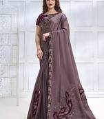 Dusty mauve faux crepe satin silk saree with embroidered blouse