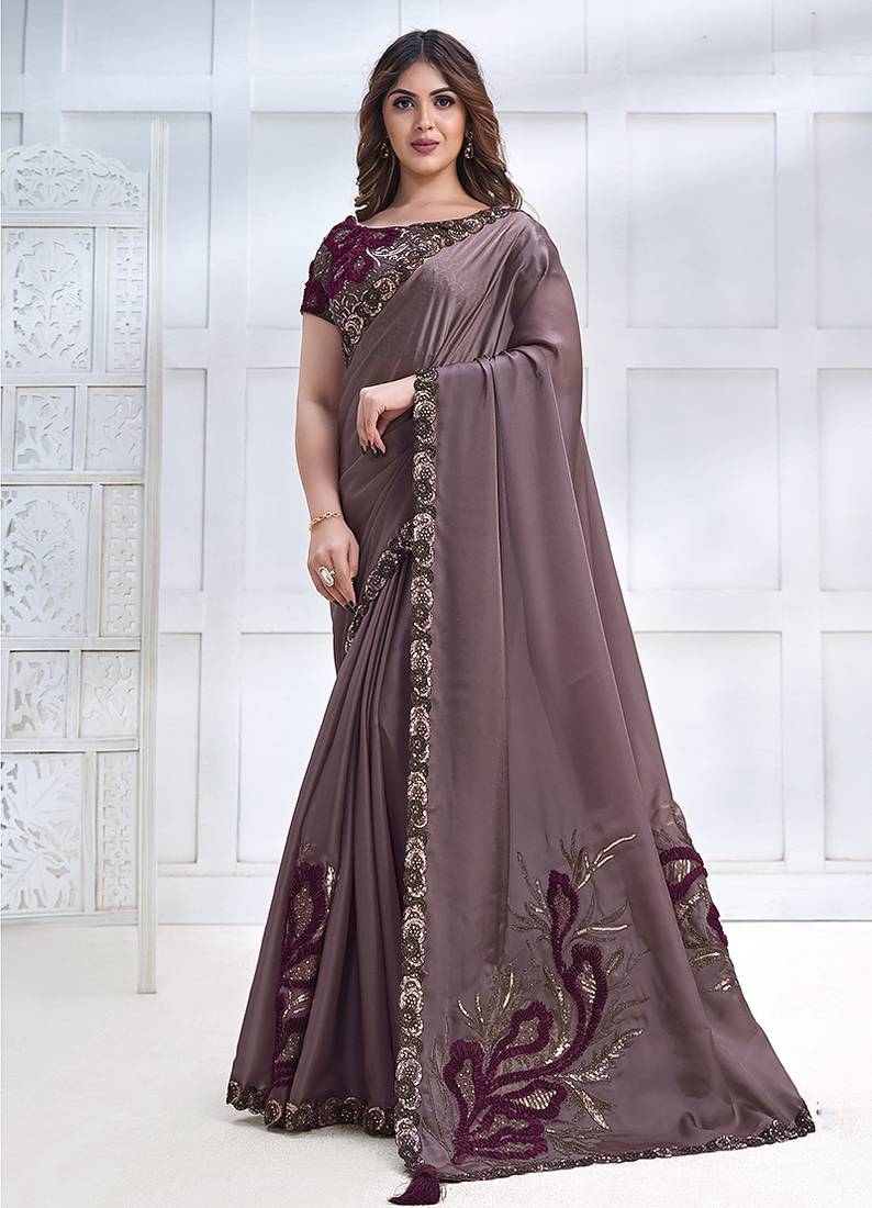 Dusty mauve faux crepe satin silk saree with embroidered blouse