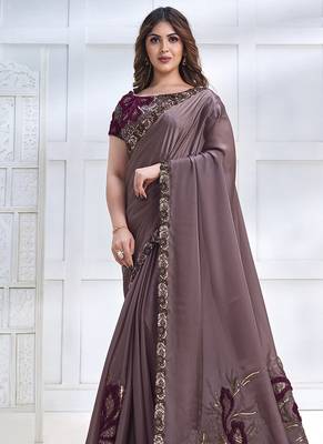 Dusty mauve faux crepe satin silk saree with embroidered blouse 2