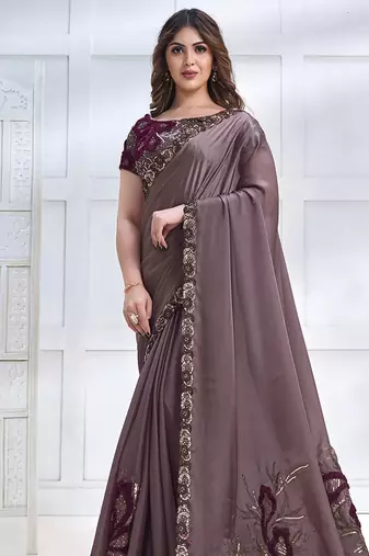 Dusty mauve faux crepe satin silk saree with embroidered blouse
