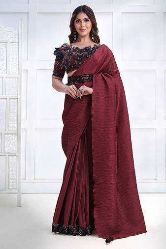 Maroon faux crepe silk georgette saree with embroidered blouse