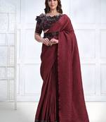 Maroon faux crepe silk georgette saree with embroidered blouse