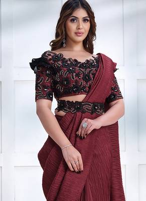 Maroon faux crepe silk georgette saree with embroidered blouse 2