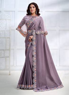Lavender faux crepe satin silk saree with embroidered cape 1