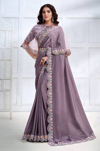 Lavender faux crepe satin silk saree with embroidered cape