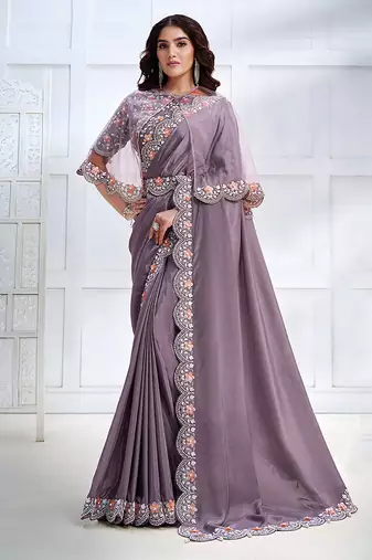 Lavender faux crepe satin silk saree with embroidered cape