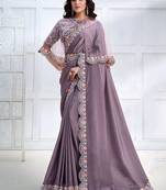 Lavender faux crepe satin silk saree with embroidered cape