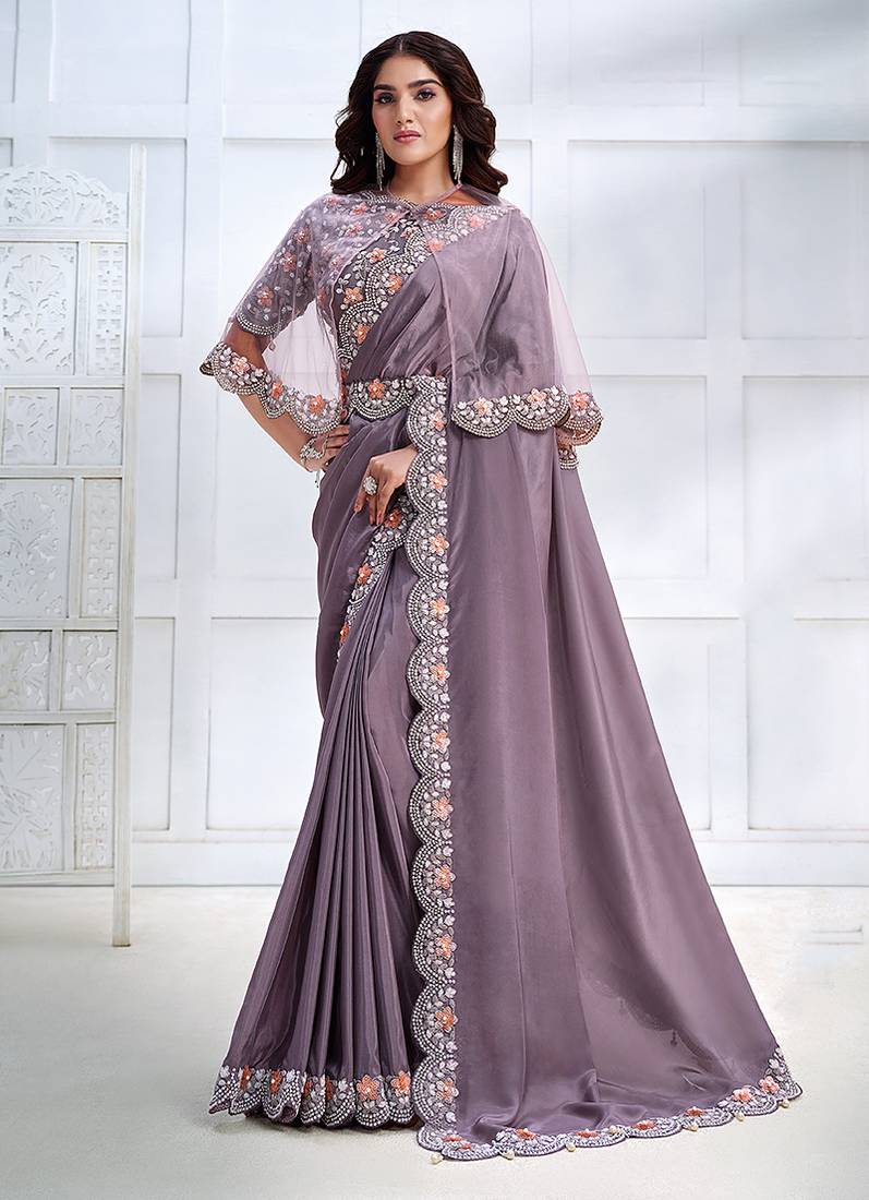 Lavender faux crepe satin silk saree with embroidered cape