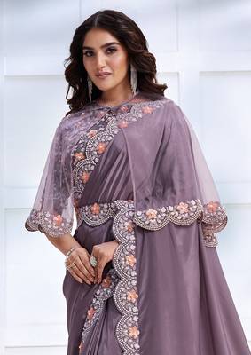 Lavender faux crepe satin silk saree with embroidered cape 2