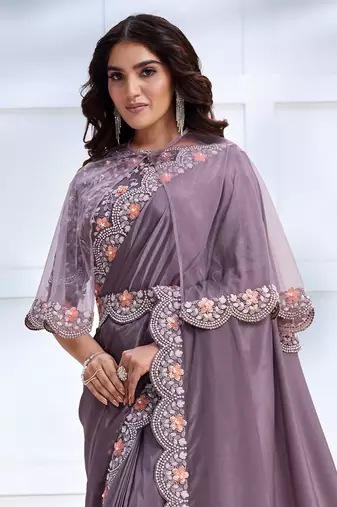 Lavender faux crepe satin silk saree with embroidered cape
