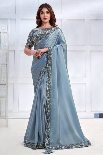 Ice blue faux crepe satin silk saree with embroidered blouse
