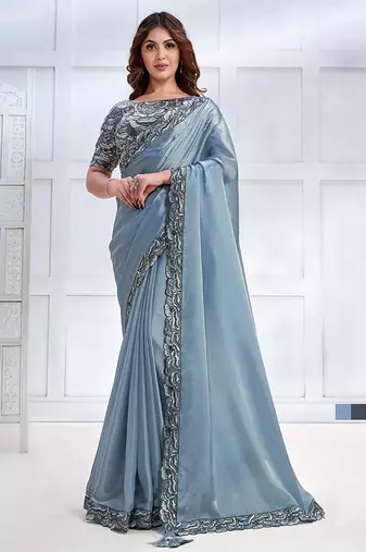 Ice blue faux crepe satin silk saree with embroidered blouse