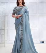 Ice blue faux crepe satin silk saree with embroidered blouse