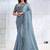 Ice blue faux crepe satin silk saree with embroidered blouse